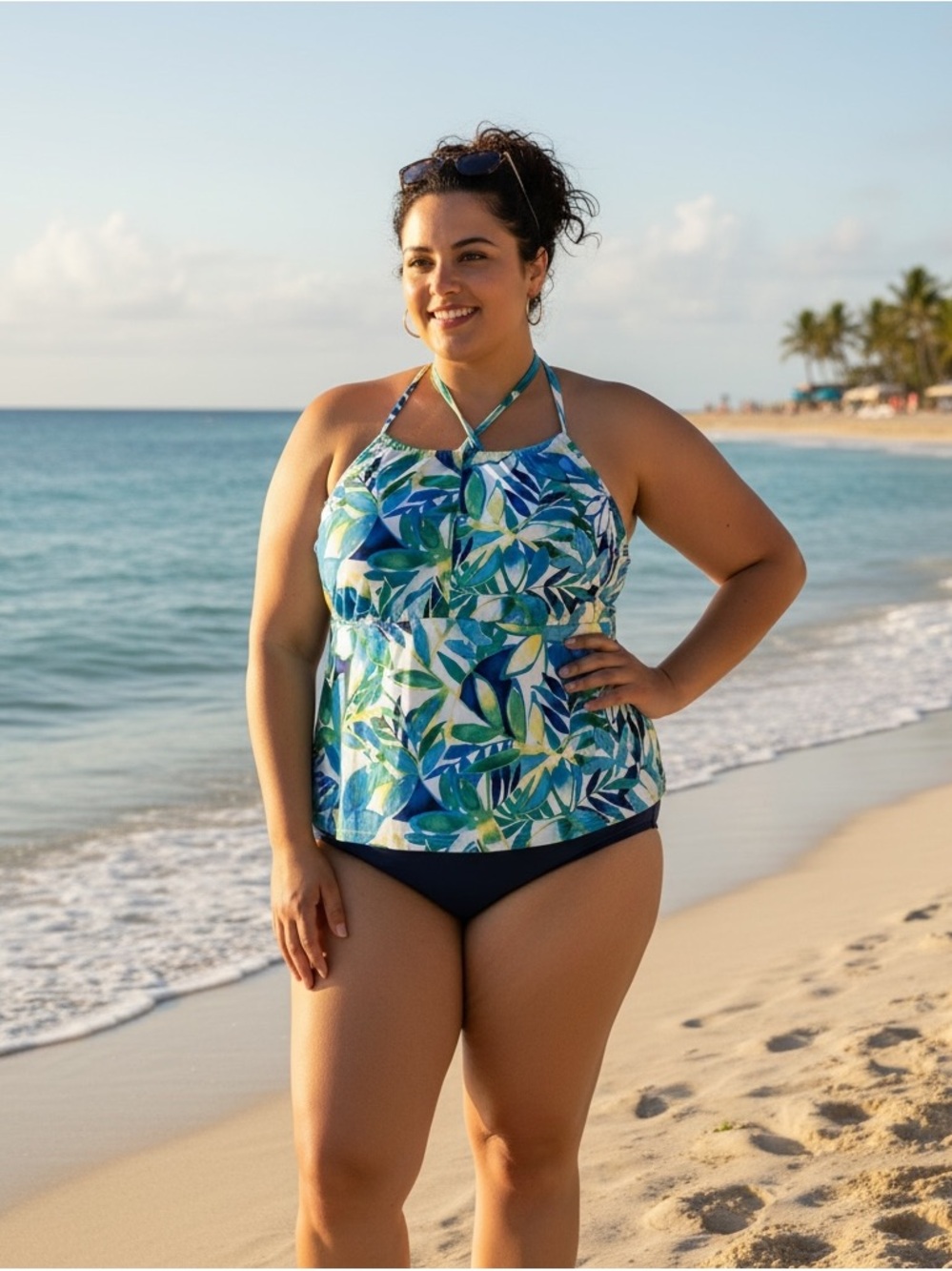 💙💚💛Chaps NWT Tropical Halter Tankini Top Blue & Green Leaf Print 18W